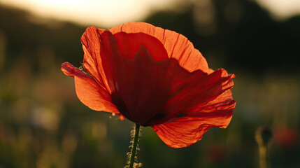 Obraz premium A vibrant red poppy flower bathed in golden sunset light, highlighting nature's beauty.