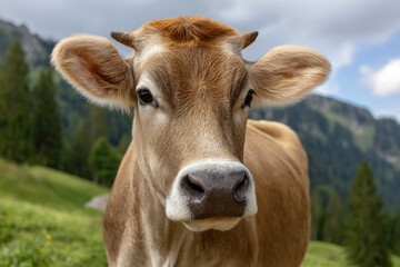 A brown cow stares straight at the camera standing in a green field with mountains visible in the background