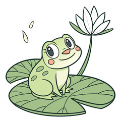 Vector art of cute cartoon frog sitting on a lily pad with a water lily flower