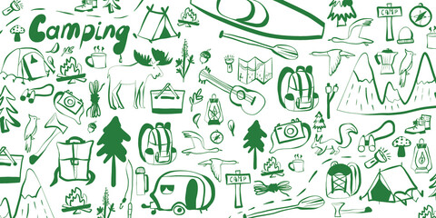 Illustration of outdoor recreation and camping attributes, green outline, "camping" inscription, transparent background

