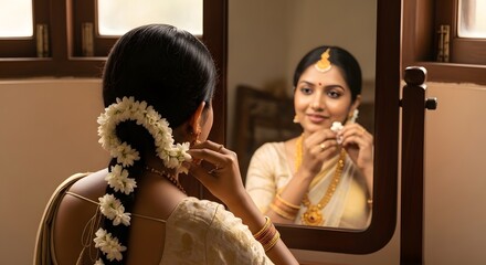 An elegant Indian woman with jasmine flowers in her hair adjusts her gold earring, smiling at her reflection.