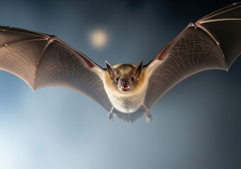 Obraz premium Mysterious nocturnal bat in flight with spread wings under a full moon