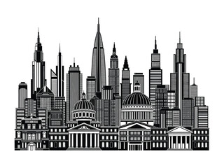 Fototapeta premium Urban Silhouette: An elegant line-art depiction of a modern city skyline, featuring a diverse array of architectural styles and iconic structures that reflect the essence of urban life.
