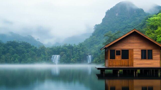 Cabin retreat on tranquil lake with mountain view wood house over water nature background