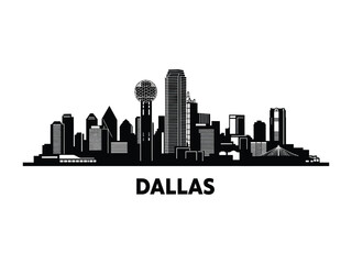 Dallas Skyline Silhouette: A stark black and white skyline of Dallas, symbolizing the city's modern architecture, growth, and iconic landmarks, offering a striking visual representation.