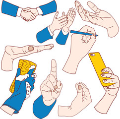 Illustration of human hands showing different gestures, cartoon style, transparent background