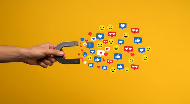 Hand holding magnet attracting social media icons and emojis image