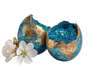 Two decorative, cracked eggshells, teal-blue and gold, with a delicate white flower cluster