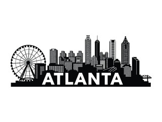 Atlanta Skyline Silhouette: A striking black and white silhouette showcasing the architectural marvels of the city skyline, complete with a landmark Ferris wheel and bold typography.