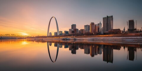 The St. Louis skyline with the iconic Gateway Arch and city buildings at sunset over the river in St. Louis, United States