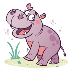 Vector art of cute cartoon hippopotamus with a big smile and open mouth, standing on grass