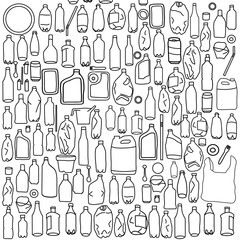 Illustration of plastic trash, black outline, transparent background
