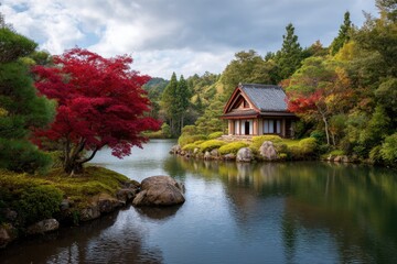 Obraz premium A Japanesestyle building on a lakeside with red maple trees reflecting on the water