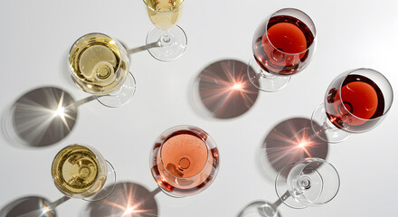 drink, alcohol and glassware concept - different wine glasses dropping shadows on white surface