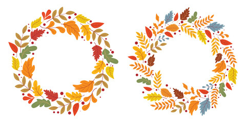 Cozy autumn foliage couple wreaths. Round crown of falling leaves and berries. Botanical frame for seasonal autumn cards, posters, invitations, announcements, design, vector graphic