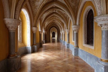 Obraz premium A long ornate hallway featuring a vaulted ceiling supported by columns bathed in warm natural light