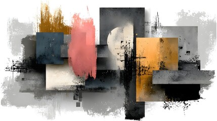 Expressive abstract composition with overlapping geometric forms gritty textures and a muted color palette inspired by modern printmaking techniques