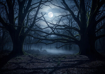 Mysterious night landscape with ancient gnarled trees and a full moon