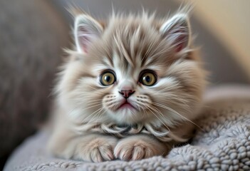 Fluffy gray kitten, big eyes, tilted head, soft pillow,  animal photography,   cute pet