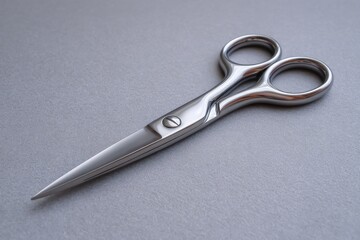 A pair of closed silvercolored scissors lies diagonally on a textured gray surface The blades are pointed and sharplooking
