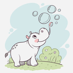 Vector art of cute cartoon baby hippopotamus blowing bubbles in a grassy field