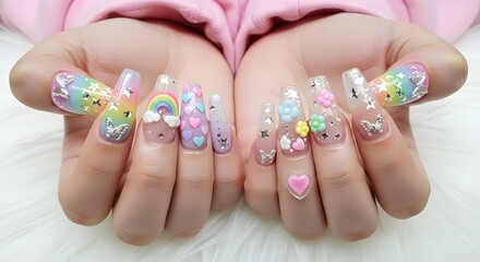 Pastel Kawaii Nail Art Design with Rainbows and Hearts | Decorative Manicure for Beauty, Fashion, and Lifestyle Marketing
