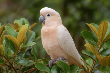 A peachywhite cockatoo perched on a leafy branch It has a grey beak and feet with dense green foliage surrounding it