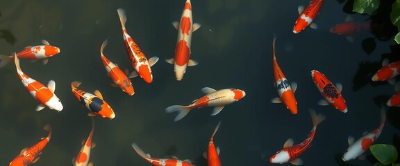 Overhead view of koi carp swimming in a tranquil pond,  outdoors,  aerial