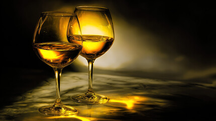 Two crystal glasses filled with golden liquid glow elegantly on a dark marble surface with subtle reflections.