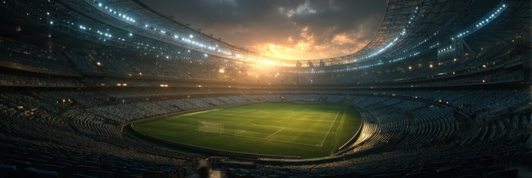 Spectacular sunset over empty soccer stadium during golden hour before the match