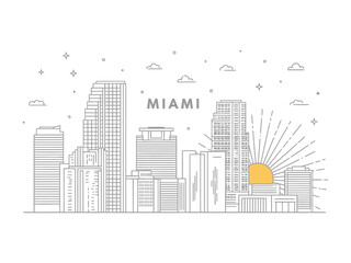 Obraz premium Miami Skyline: A minimalist line-drawing captures the Miami skyline, evoking the city's unique energy and architectural prowess, a testament to modern urban development.