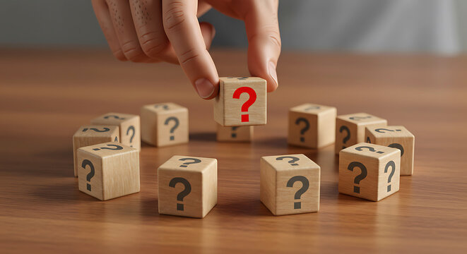 Hand holding wooden cube with red question mark surrounded by cubes with black question marks wooden cubes - Powered by Adobe