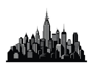 Obraz premium Cityscape Silhouette: A stark, bold silhouette of a vibrant cityscape, capturing the unique silhouettes and architectural charm of buildings, evoking a sense of wonder.