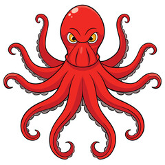 Vector art of a fierce red octopus with eight tentacles, an angry expression, and a bold stance, isolated on a white background