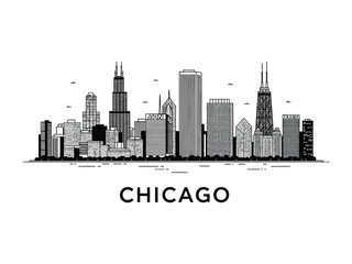 Chicago Skyline Illustration: Capturing the essence of a vibrant city skyline, rendered in an intricate, artistic design, showcasing iconic buildings. 