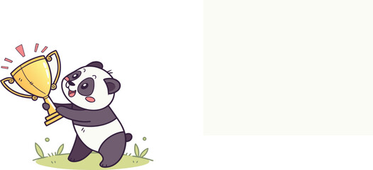 Vector art of cute cartoon panda bear holding a golden trophy cup celebrating victory and success