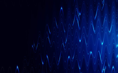 Abstract dark blue technological background with glowing light forming a dynamic, oscillating sine wave pattern, representing energy or sound