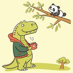 Vector art of cute cartoon trex dinosaur holding a coffee mug while a panda bear sits on a tree branch above, friendly characters in a whimsical forest setting © Epicart