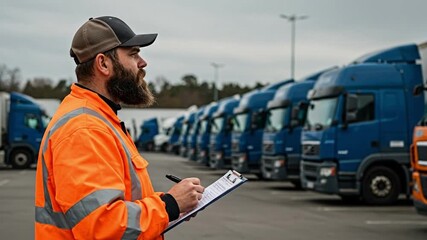 Logistics worker in high-visibility jacket inspecting a fleet of commercial semi-trucks at a depot.