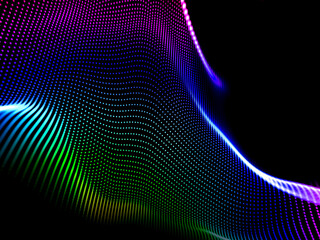 Abstract futuristic dark background with a colorful glowing field of flowing digital particles, creating a dynamic data wave visualization