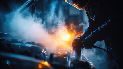 Naklejka premium Mechanic cleaning car engine with steam under hood, dramatic lighting, orange and blue smoke, automotive maintenance, professional service, modern garage, intense atmosphere