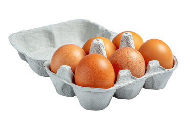 Six brown eggs in a light gray cardboard carton