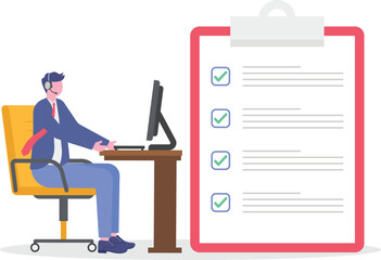 Flat illustration of support staff communicating checklist tasks to customer using headset and computer in remote service interaction

