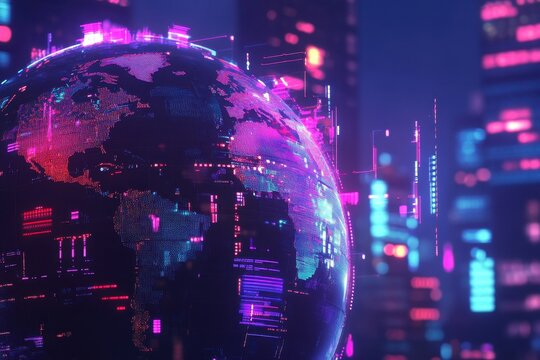 Digital data processing visualized over a vibrant globe in a futuristic cityscape, digital data processing over globe