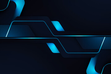 Abstract futuristic dark blue technological background with layered geometric shapes and glowing light trails, representing digital data flow