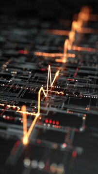 Abstract visualization of isolated bright pulses triggering on a black circuit board resembling a cardiac electrogram with benign arrhythmias.