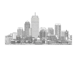Obraz premium Cityscape Skyline: The illustration shows a meticulously detailed line-art depiction of a city skyline, emphasizing the impressive silhouettes of skyscrapers and architectural marvels.