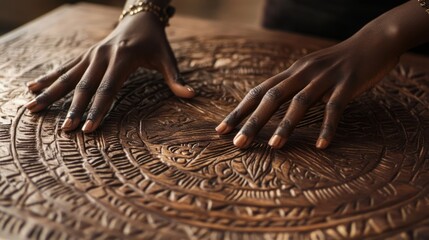 Close-up of dark hands tracing intricate carved wood