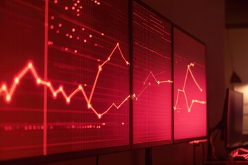 Fluctuating line graph visualizing network connections with glowing data displays in a dimly lit room, Fluctuating line graph over network connections displaying data trends
