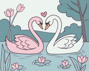 Vector art of two swans forming a heart shape with their necks in a tranquil pond surrounded by plants and flowers